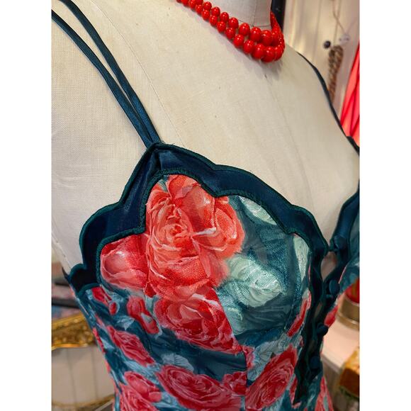 vintage 1980s victorias secret teddy red and green rose tap short one piece - Picture 6 of 10